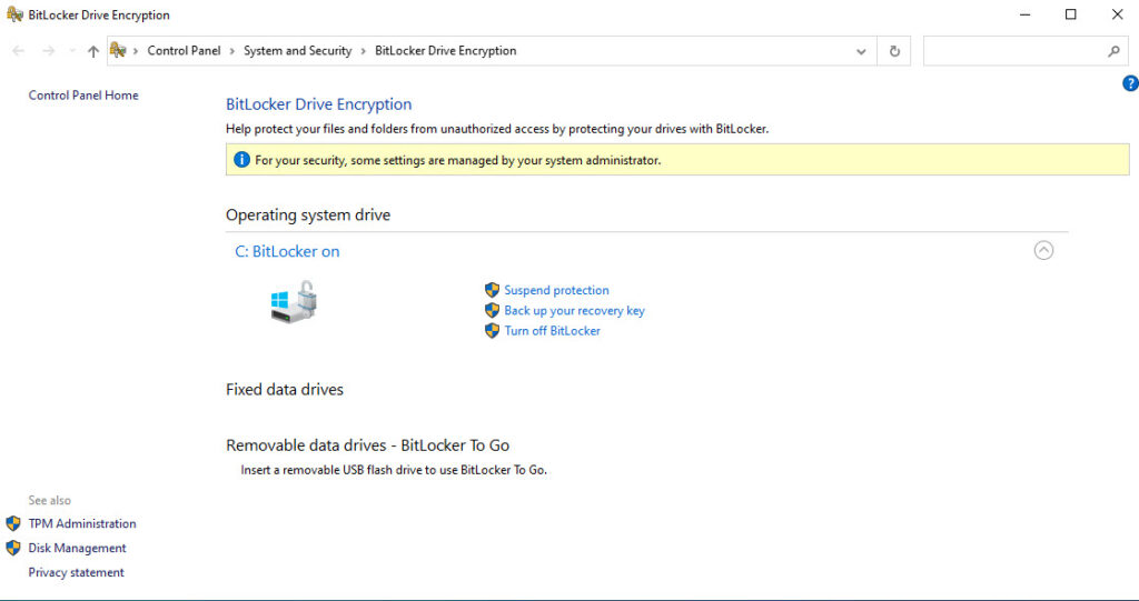 Manager Bitlocker on endpoint. Shows enabled