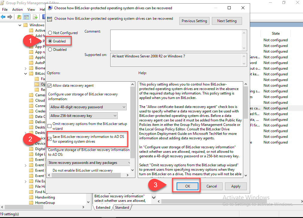 Set Bitlocker options in GPO