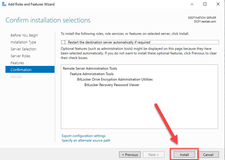 Choose Install to add Bitlocker feature