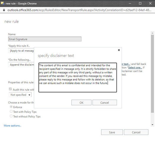Office 365 rule disclaimer text