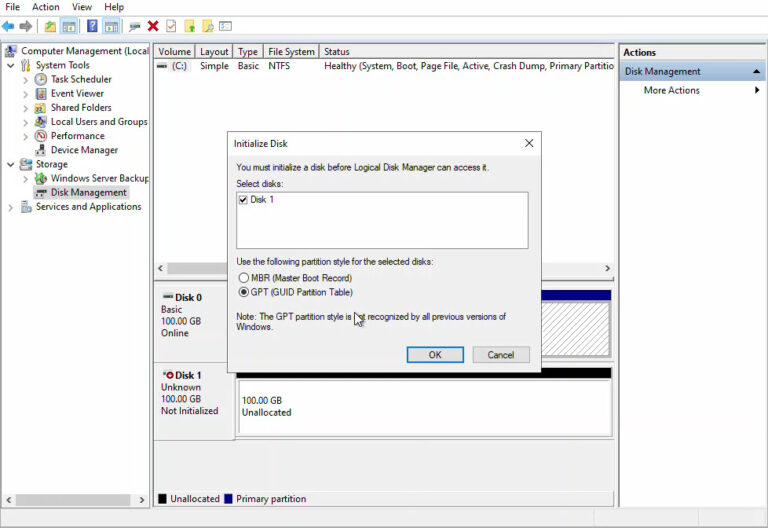 Verify Disk shows up in Disk Management