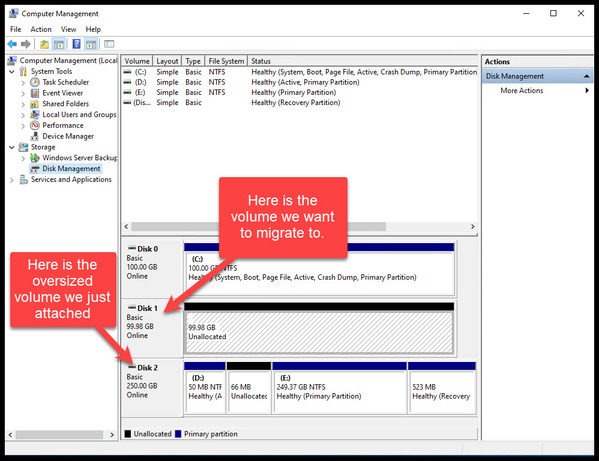 From Computer Management both 100GB and 250GB attached