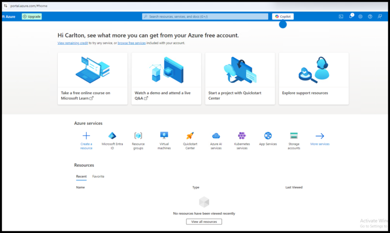 Azure portal after login