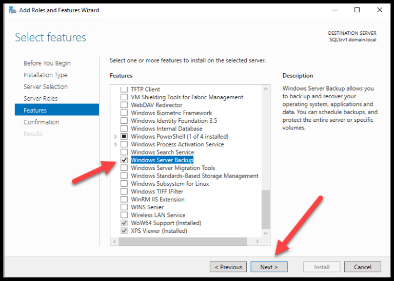 Add Windows Backup Server feature