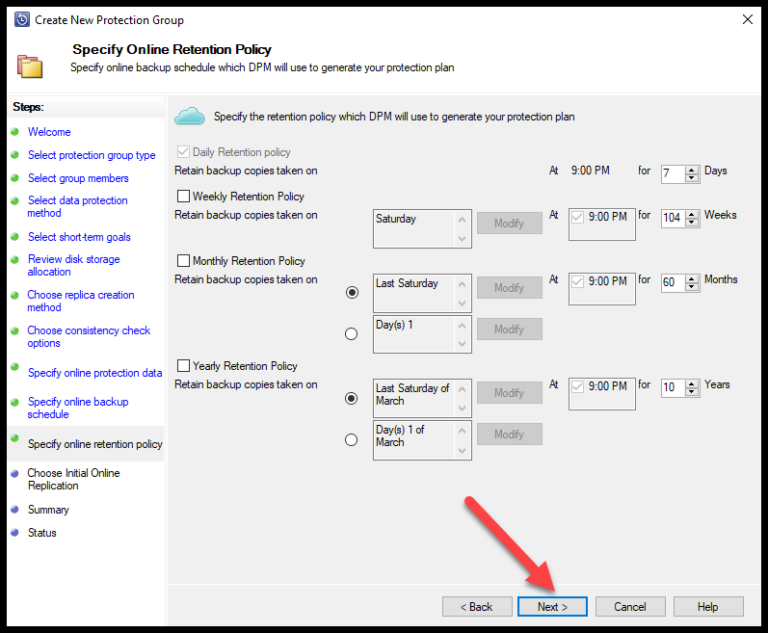 Set online retention policy