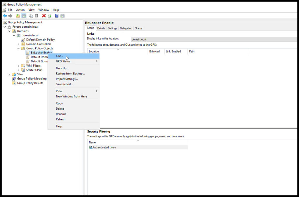 Open and Edit BitLocker Enable GPO