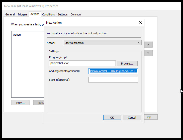 Actions Settings for Scheduled Task