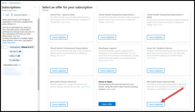 Open All other offers and choose Check eligibility for Microsoft Azure Sponsorship